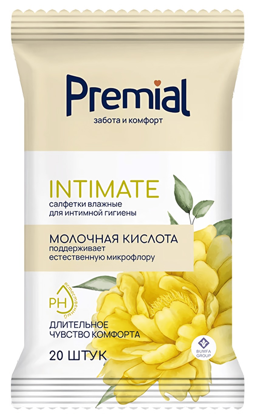 Premial Салфетки влажные для женской интимной гигиены с молочной кислотой 20шт