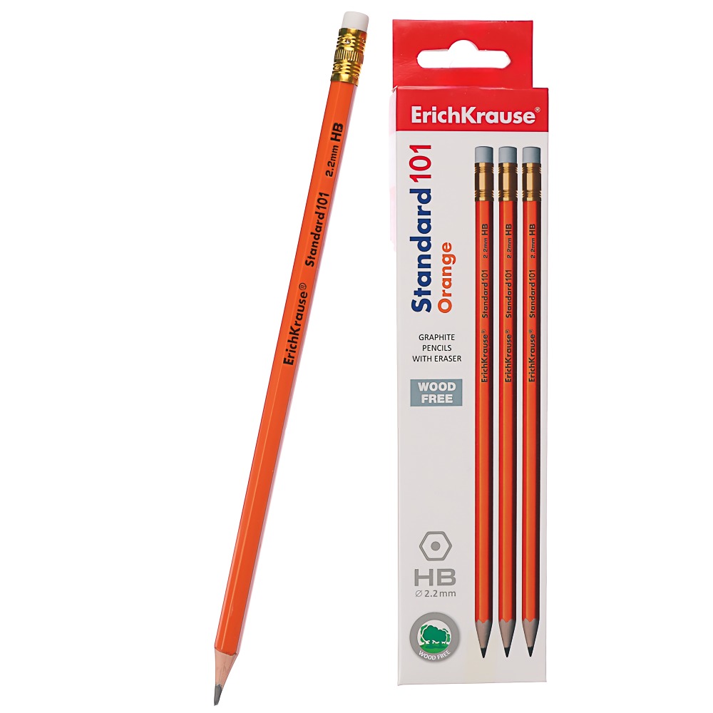 Erich Krause Карандаш чернографитный Standard пластиковый шестигранный с ластиком