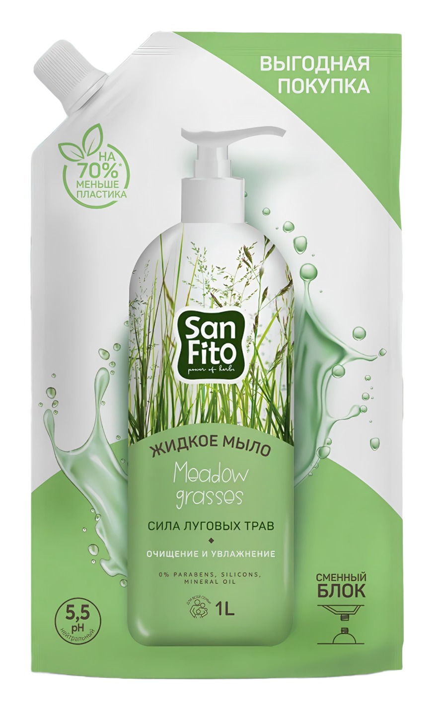 SANFITO жидкое мыло Energy ДОЙ-ПАК 1000мл  (Сила луговых трав)