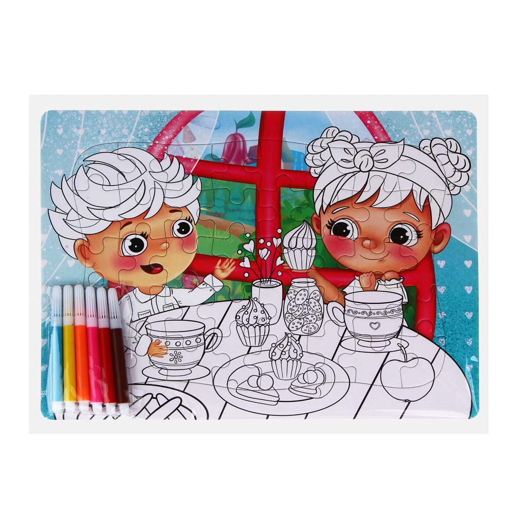 Малыши из Лиландии Пазлы для раскрашивания, картон, пластик, 6 фломастеров