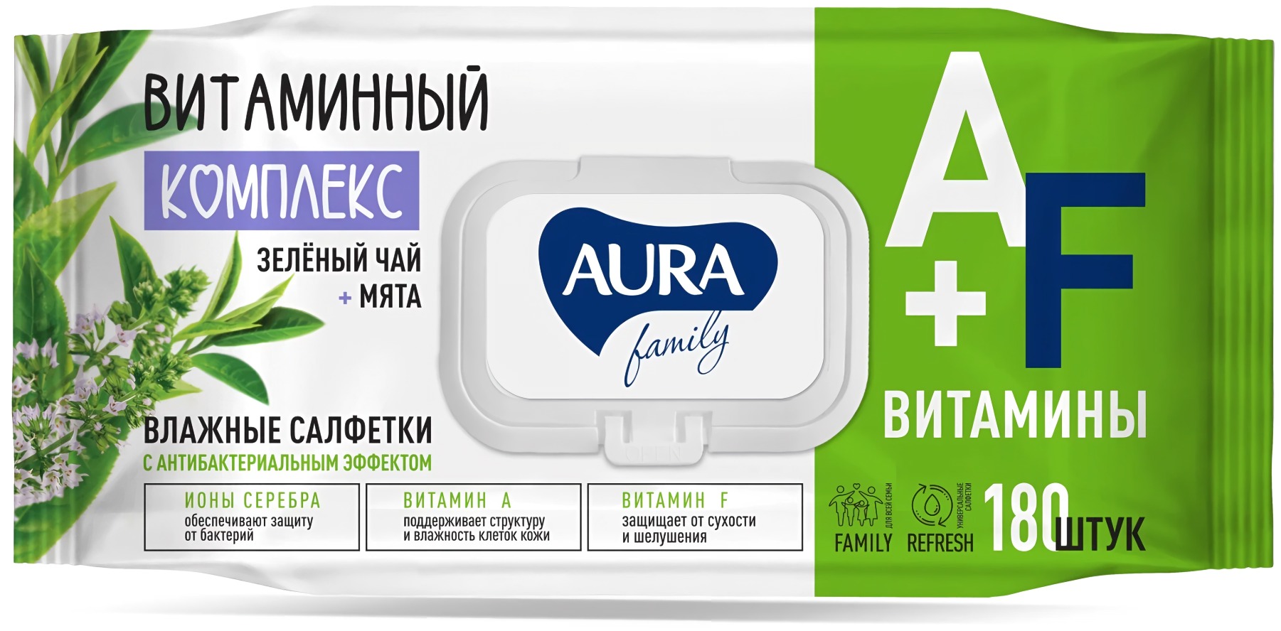 Aura Famili влажные салфетки с антибактериальным эффектом big-pack с крышкой 180шт