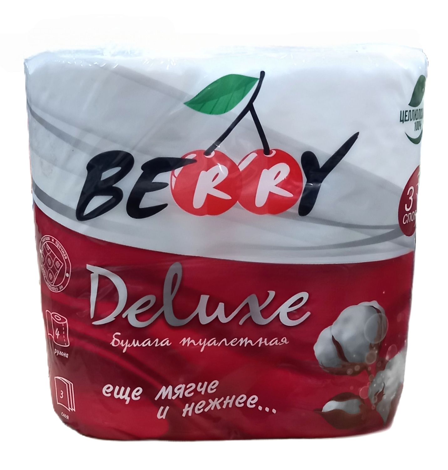 Туалетная бумага Berry Delux  3сл 4 рул 100% цел-за с тиснением, перфорация