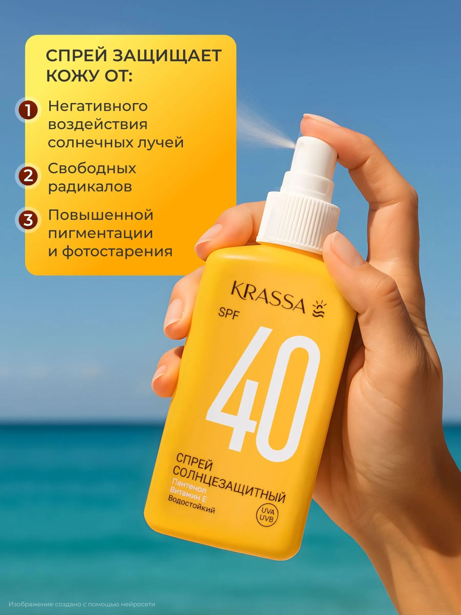 Krassa Спрей солнцезащитный водостойкий с Пантенолом и Витамином Е SPF 40 150мл