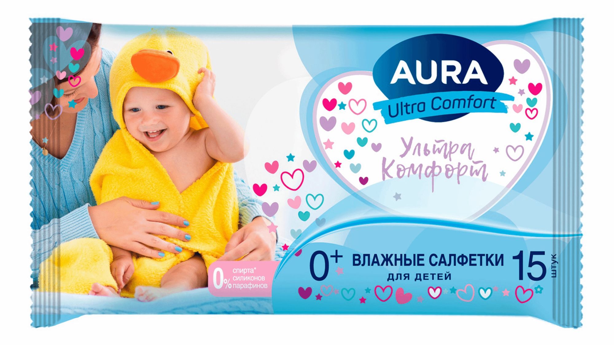 Aura Ultra comfort влажные салфетки для детей Алое+Витамин Е 15 шт